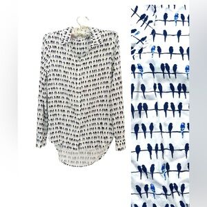 Jane and Delancey Black and White Button Down Shirt birds  print